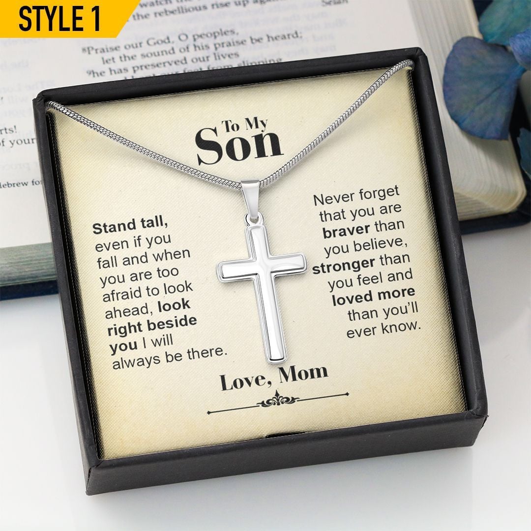 To My Son Cross Necklace From Dad Stand Tall Even If You Fall Personalized Gift For Son
