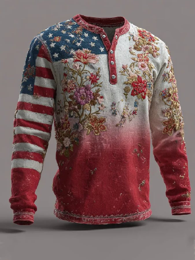USA 250th Anniversary Art Floral Button Long Sleeve Shirt America's Birthday Merch Presents