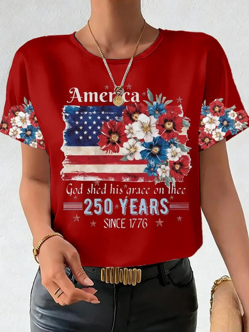 250th Anniversary National T-Shirt Flag Floral Print Casual Clothes Gift For Her