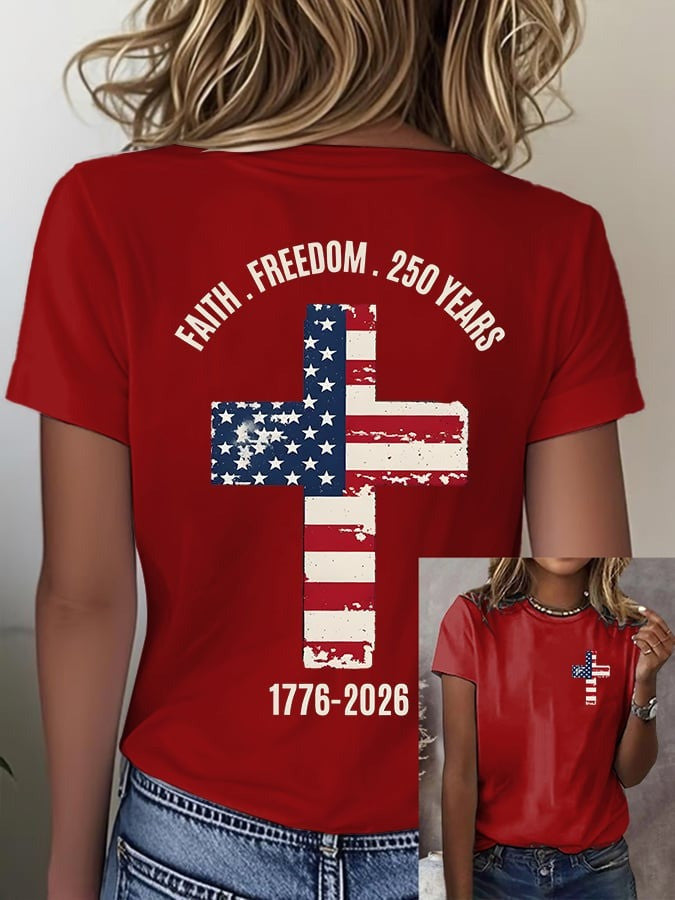 US 250th Anniversary Shirt Faith Freedom T-Shirt American Flag Cross Print Gift Ideas