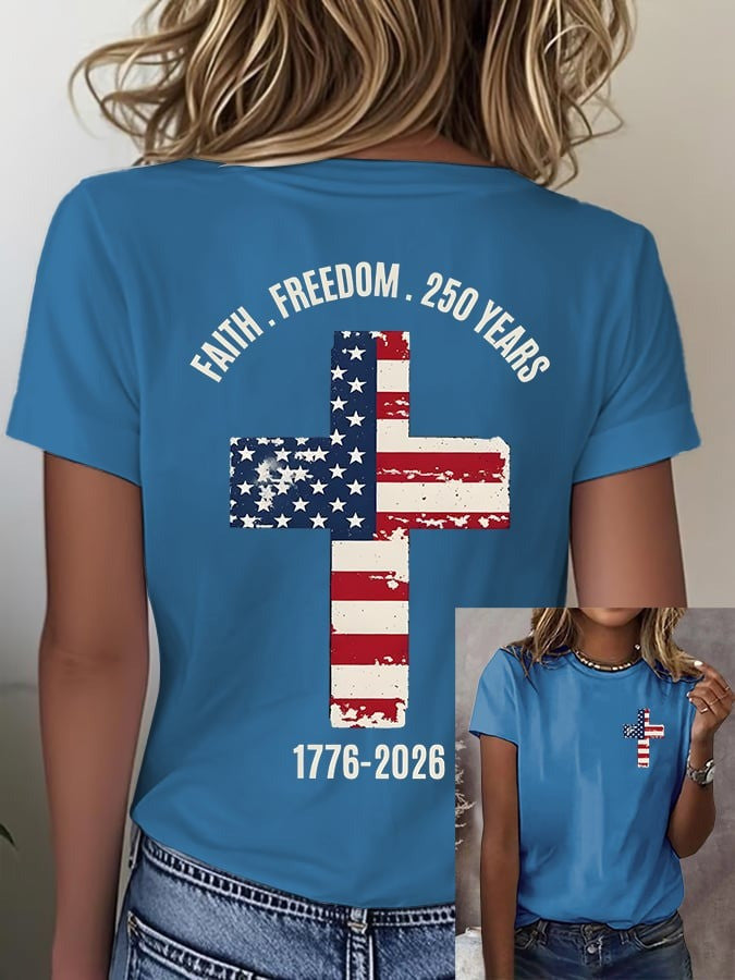 US 250th Anniversary Shirt Faith Freedom T-Shirt American Flag Cross Print Gift Ideas