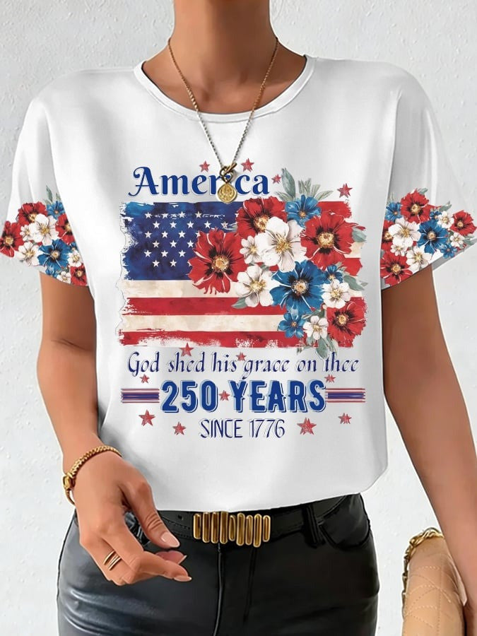 250th Anniversary Shirt American Flag Floral Print Patriotic Clothing Gift for Wife