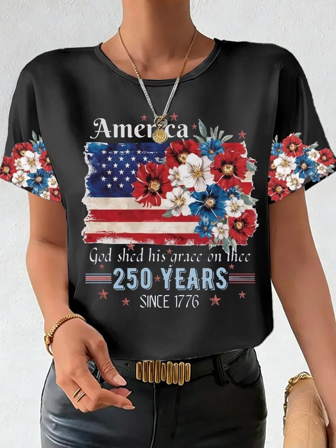 250th Anniversary Shirt American Flag Floral Print Patriotic Clothing Gift for Wife