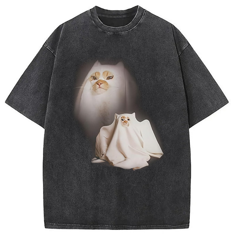 Ghost Cat Meme Washed T-Shirt Casual Oversized Outfit Style Gifts For Sister - Gypsysystersgift