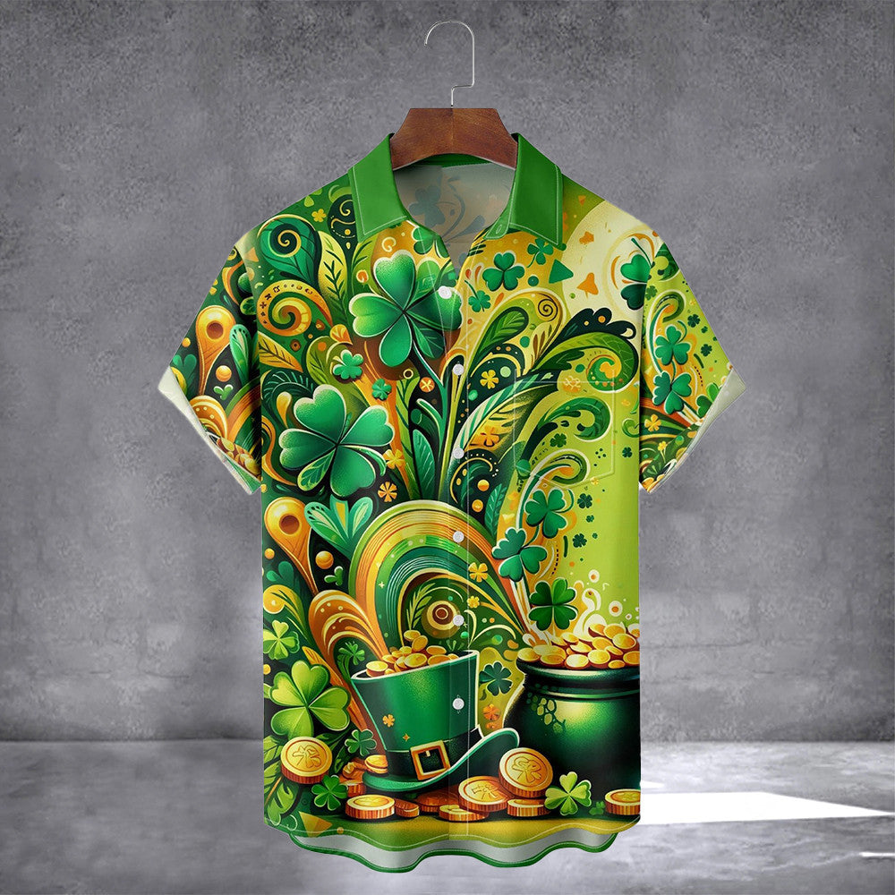 Gold Coin And Four Leaf Clover Hawaiian Shirt With Pocket St. Patrick's Day Irish Shirt Gift - Famerry