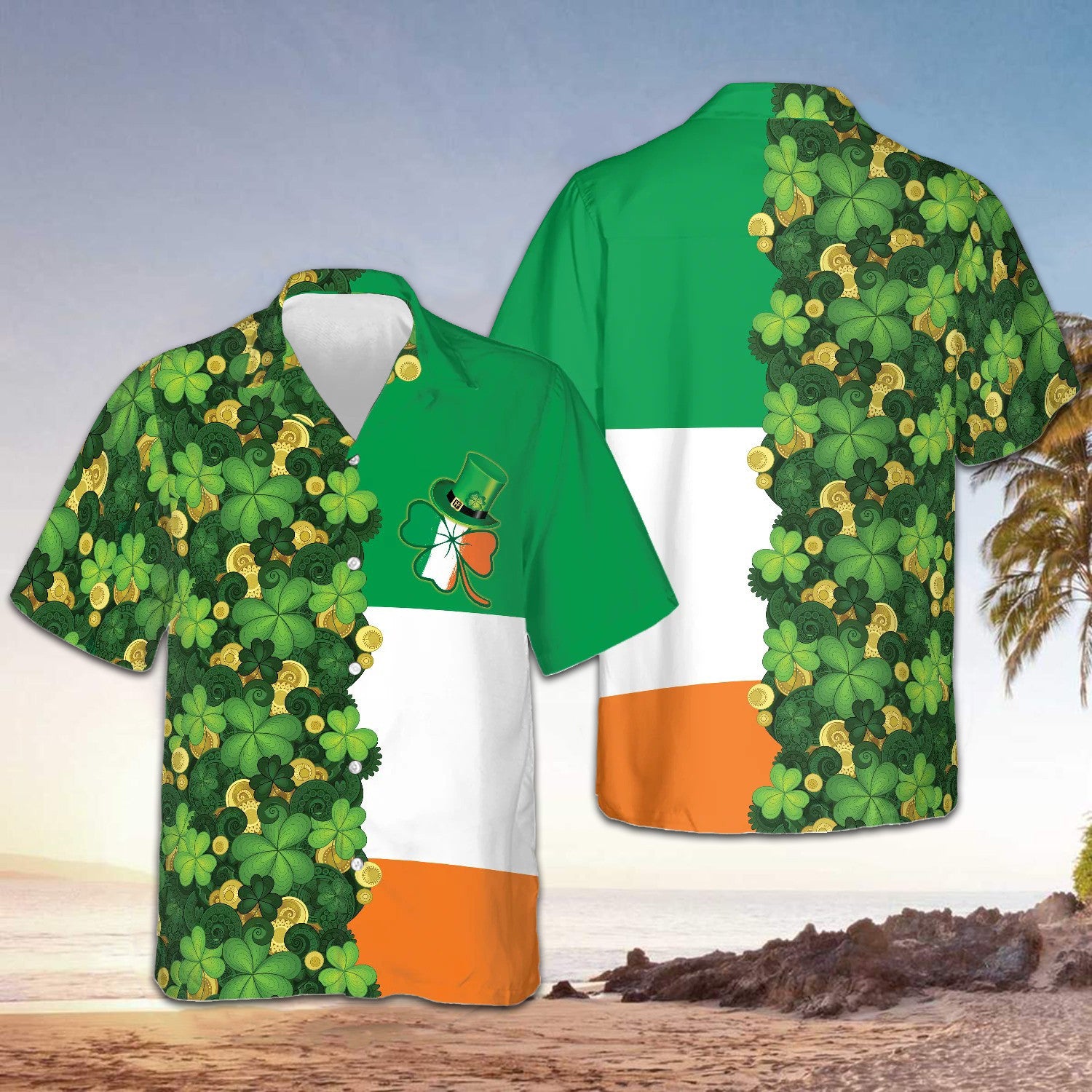 Gold Coins Shamrock And Ireland Flag Hawaiian Shirt Saint Patrick's Day Irish Button Up Shirt - Famerry