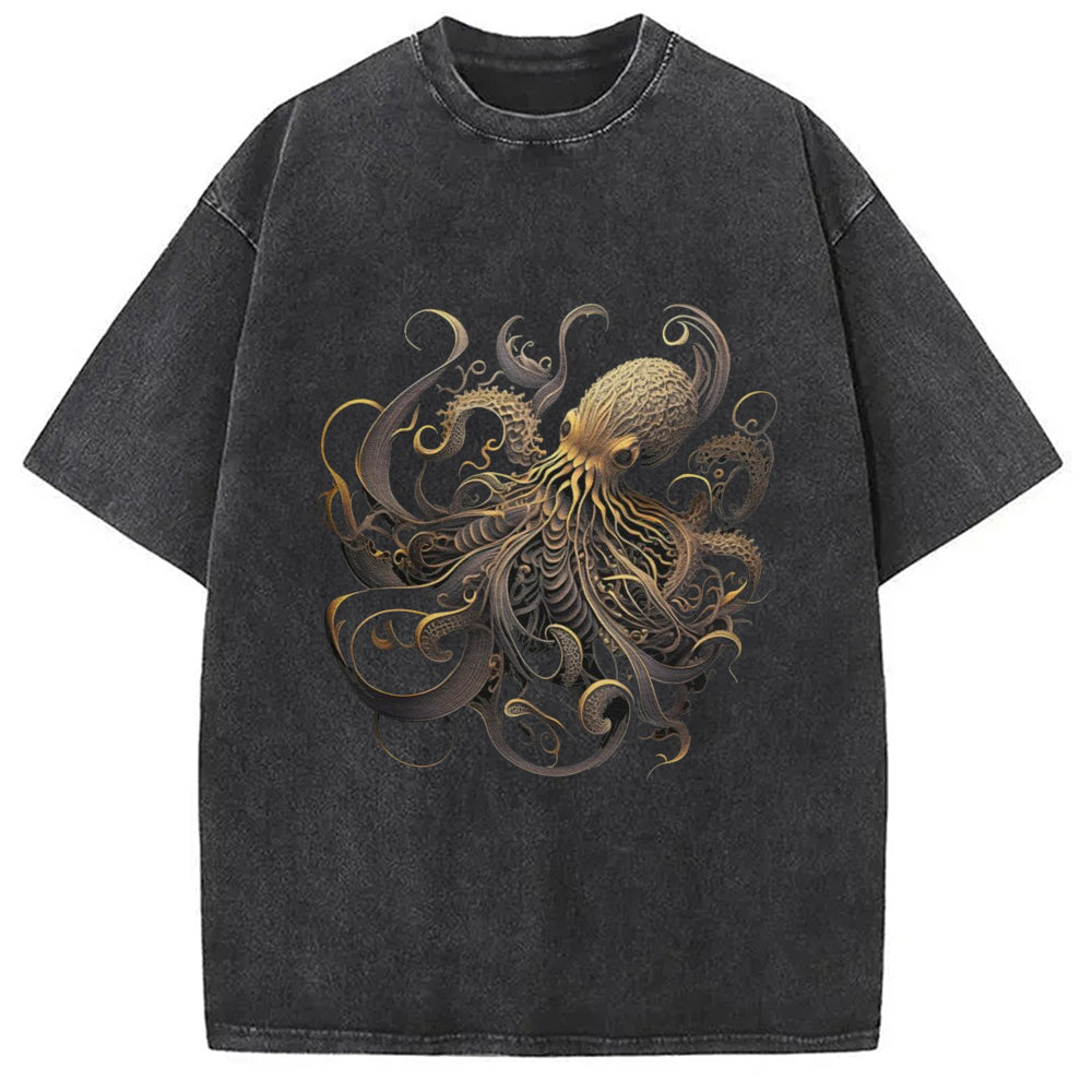 Golden Octopus Vintage Japanese Washed T-Shirt Casual Oversized Outfit Style Gifts For Him - Gypsysystersgift