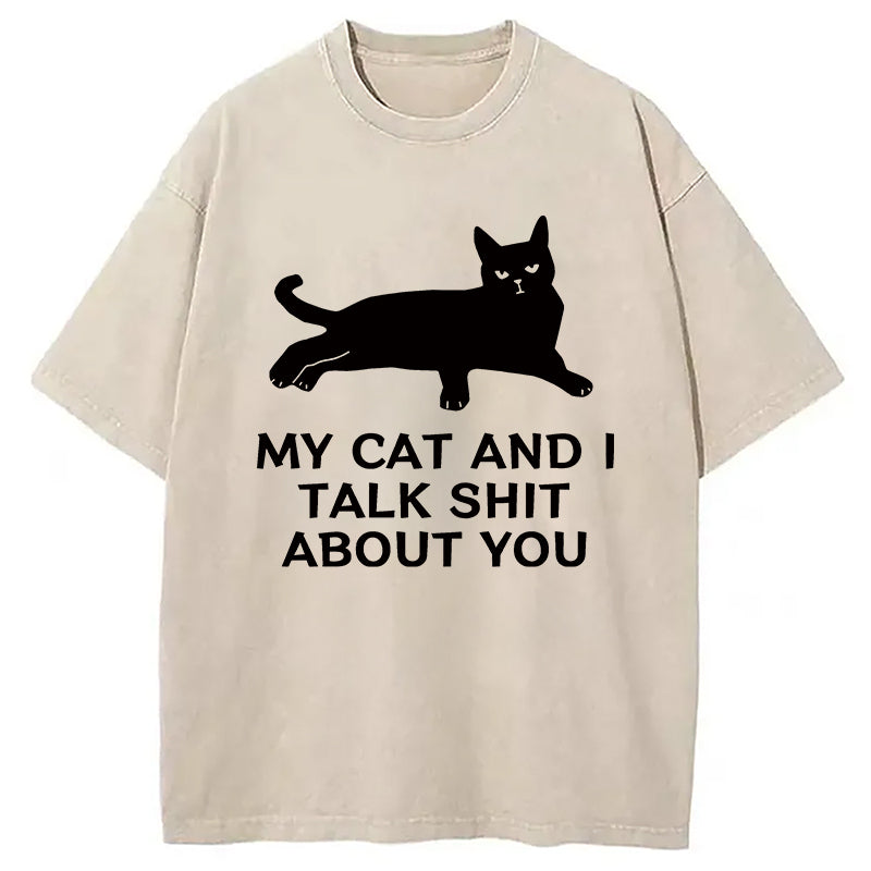 Gossiping Black Cat Washed T-Shirt Retro Humor Outfit Idea Gifts For Her - Gypsysystersgift