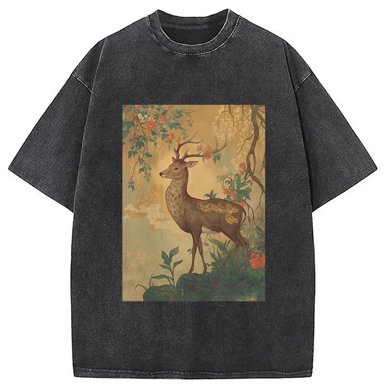 Graceful Japanese Deer Washed T-Shirt Retro Humor Graphic Top Gifts For Her - Gypsysystersgift