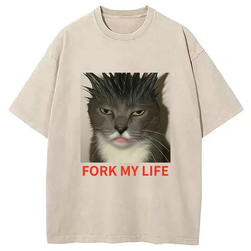 Gray Cat Fork My Life Washed T-Shirt Cool Urban Street Style Shirt Gifts For Her - Gypsysystersgift