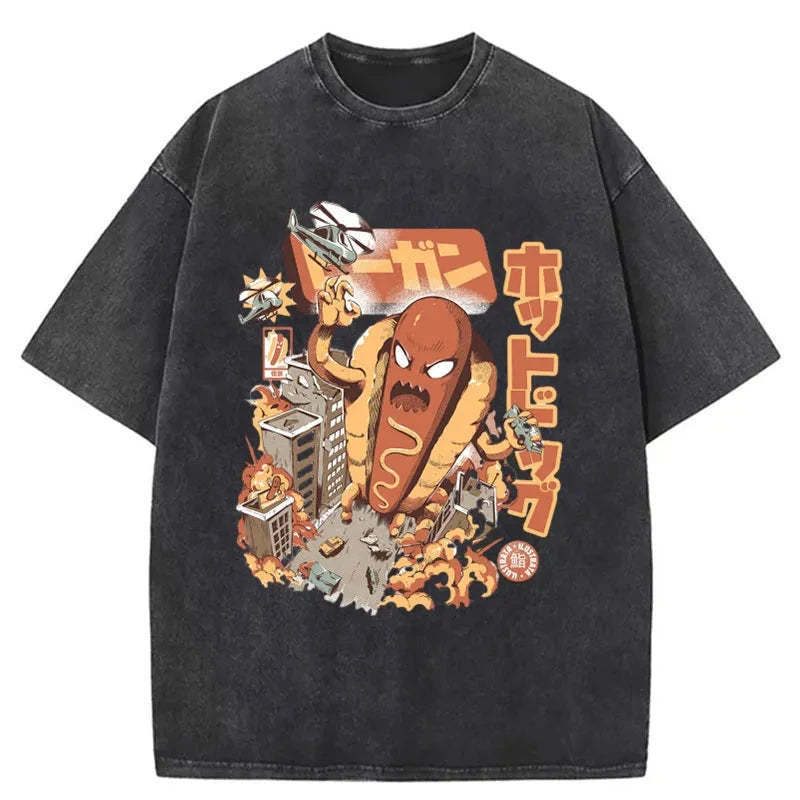 Great Hot Dog Kaiju Japanese Washed T-Shirt Funny Aesthetic Trendy Apparel Gifts For Him - Gypsysystersgift