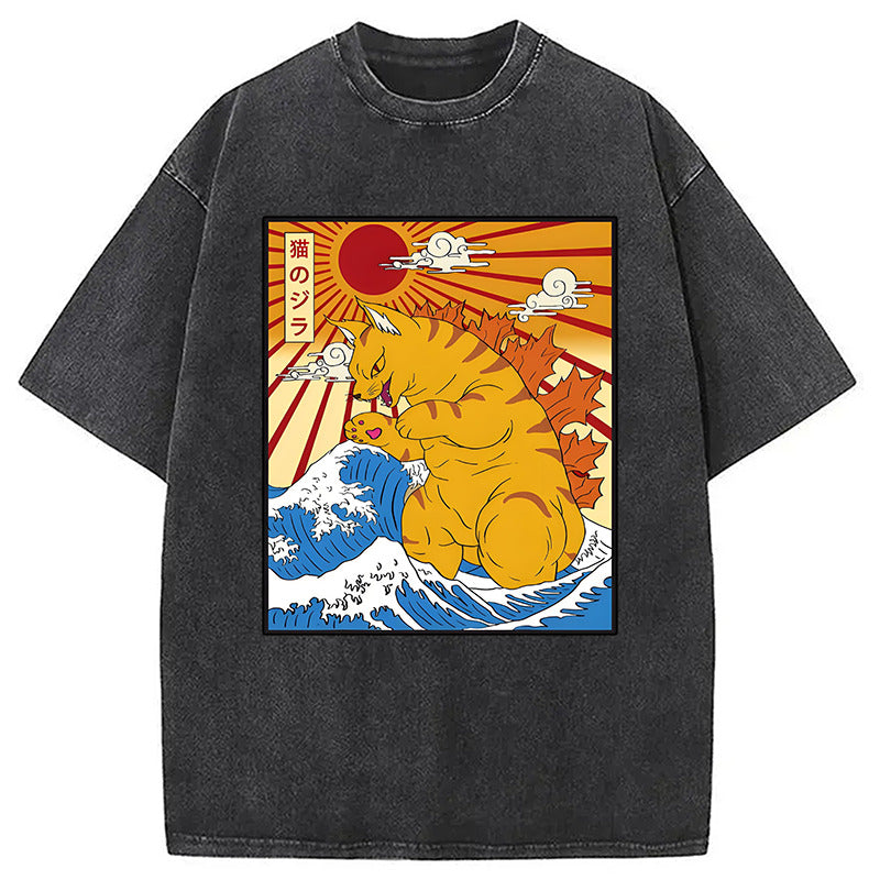 Great Wave of Kanagawa Japanese Cat Washed T-Shirt Funny Quote Unisex Shirt Gifts For Her - Gypsysystersgift
