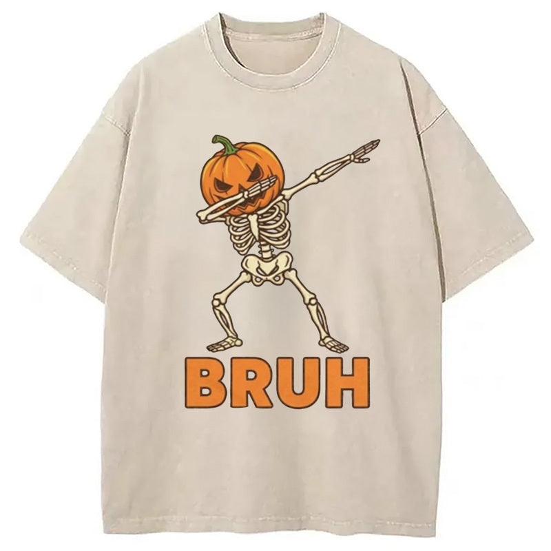 Halloween Pumpkin Head Dabbing Skeleton Washed T-Shirt Trendy Aesthetic Graphic Apparel Gifts For Him - Gypsysystersgift