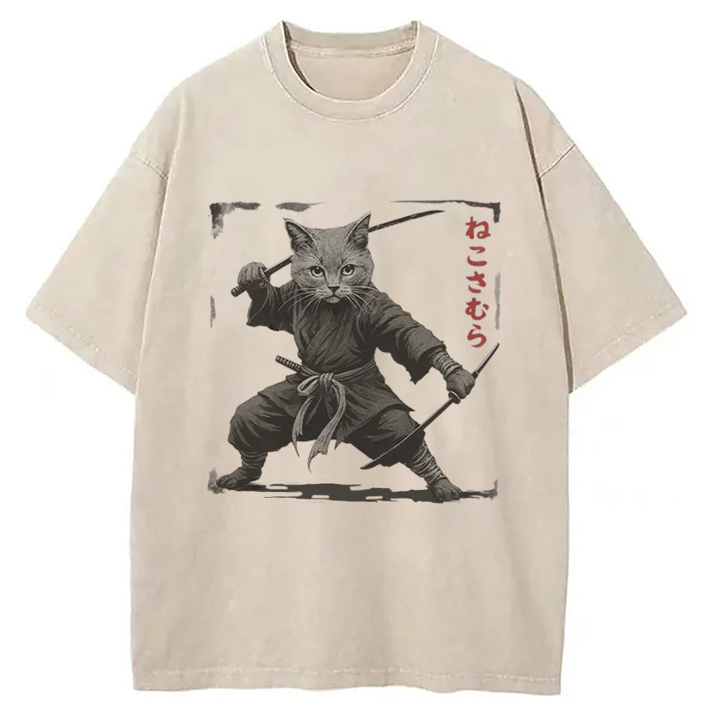 Handsome Cat Samurai Washed T-Shirt Casual Oversized Outfit Style Gifts For Her - Gypsysystersgift
