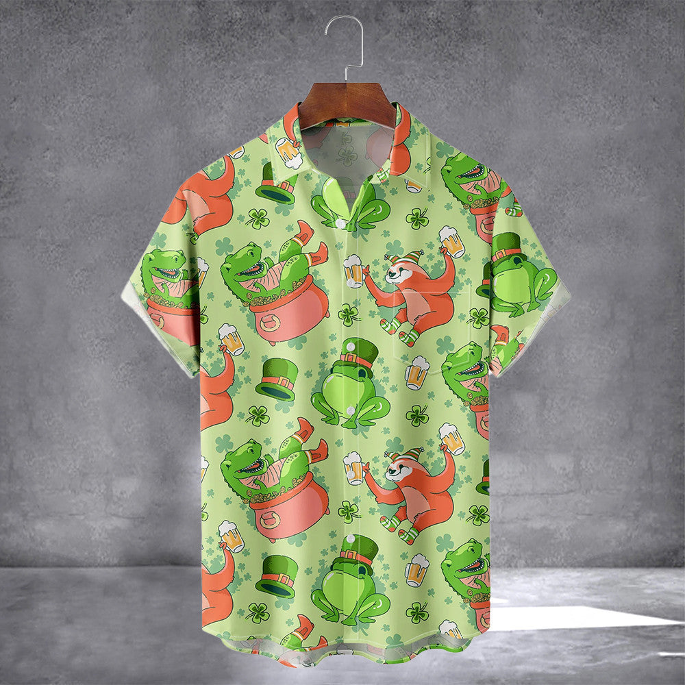 Happy St Patrick's Day Cartoon Animal Hawaiian Shirt With Pocket Irish Holiday Cute Shirt - Famerry