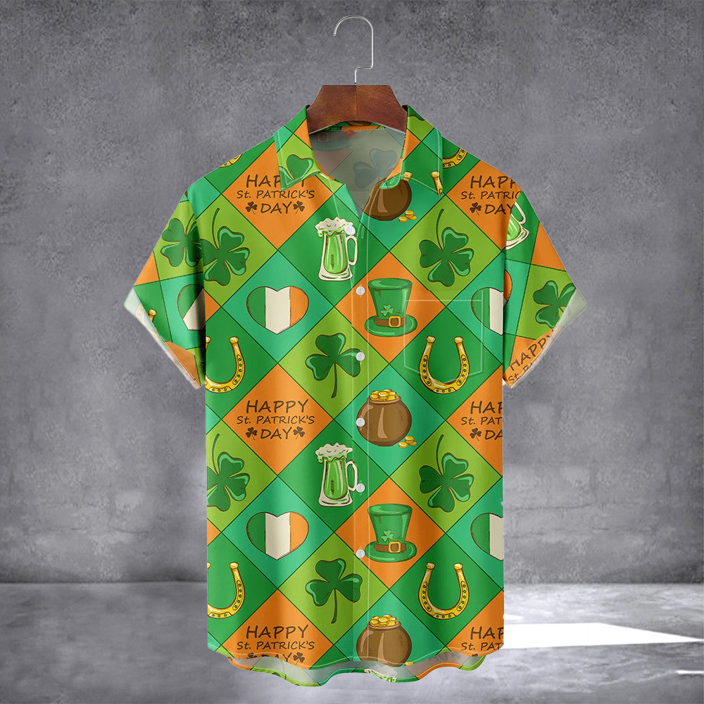 Happy St. Patrick's Day Hawaiian Shirt With Pocket Lucky Clover And Gold Coins Irish Shirt - Famerry