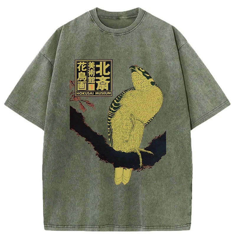 Hokusai Museum Flower And Bird Washed T-Shirt Trendy Everyday Casual Outfit Gifts For Her - Gypsysystersgift