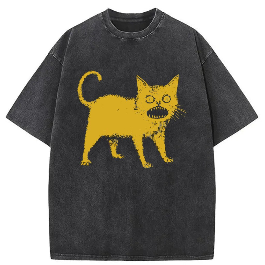 Horrible Japanese Cat Washed T-Shirt Minimal Retro Graphic Clothing Gifts For Her - Gypsysystersgift