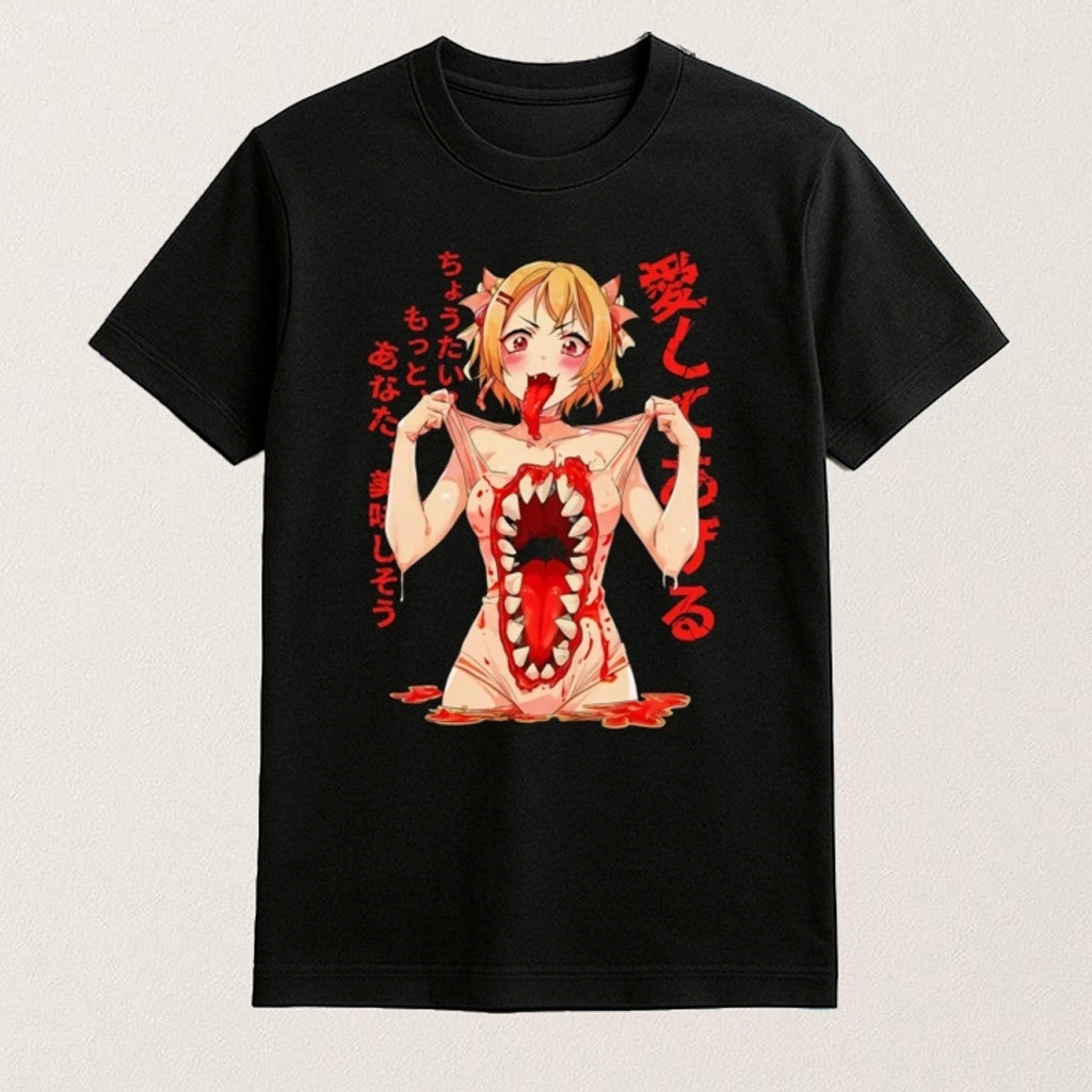 Horror Anime Girl Monster Mouth Shirt Distorted Body Art Graphic T-Shirt Gifts For Her - Gypsysystersgift