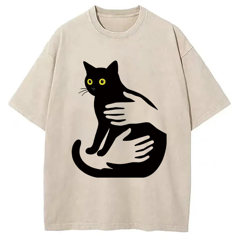 Hug A Black Cat Washed T-Shirt Soft Cotton Daily Wear Tee Gifts For Him - Gypsysystersgift