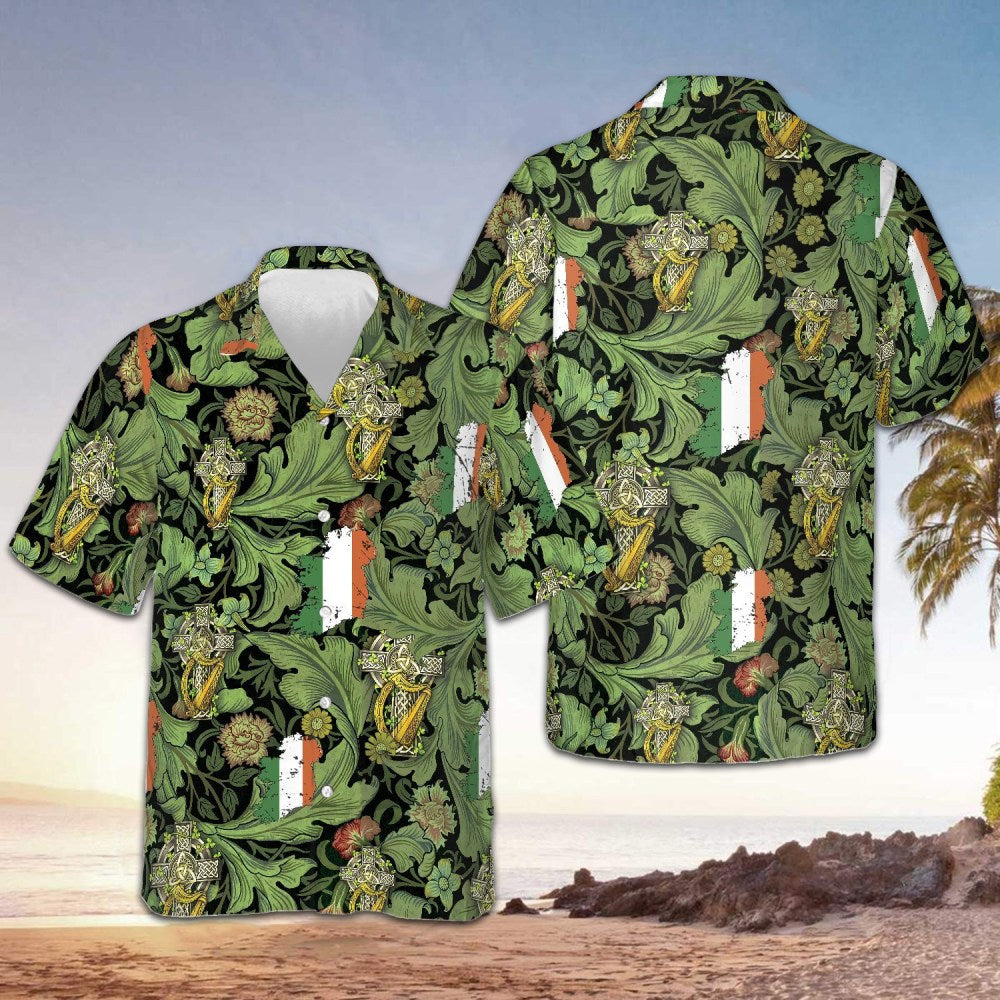 Ireland Flag Cross Celtic Harp Hawaiian Shirt Irish St Patrick's Day Aloha Shirt Gifts - Famerry