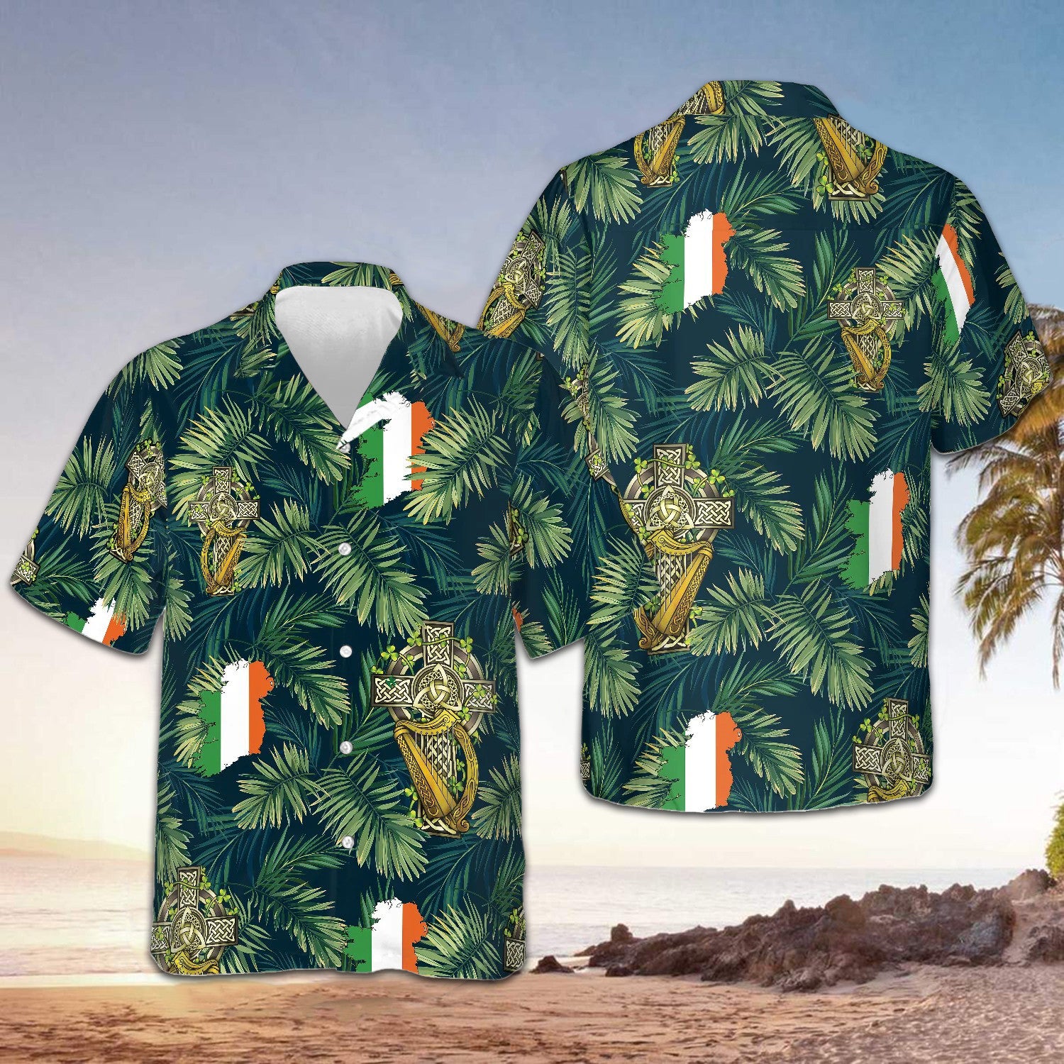 Ireland Flag Cross Celtic Harp Hawaiian Shirt Irish St Patrick's Day Tropical Print Aloha Shirt - Famerry