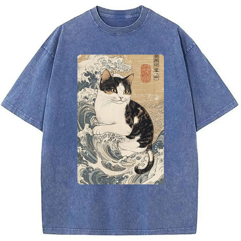 Japanese Cat Great Wave Off Washed T-Shirt Soft Cotton Daily Wear Tee Gifts For Her - Gypsysystersgift