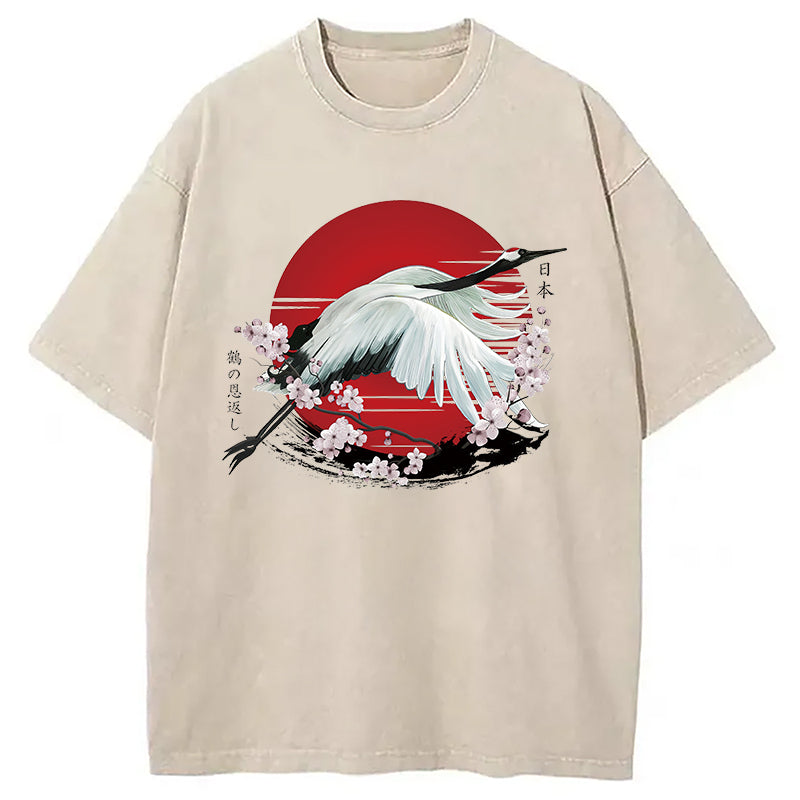 Japanese Crane Tsuru Washed T-Shirt Minimal Retro Graphic Clothing Gifts For Him - Gypsysystersgift