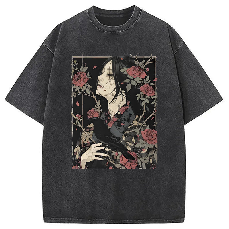 Japanese Crow Washed T-Shirt Casual Vintage Everyday Look Gifts For Sister - Gypsysystersgift