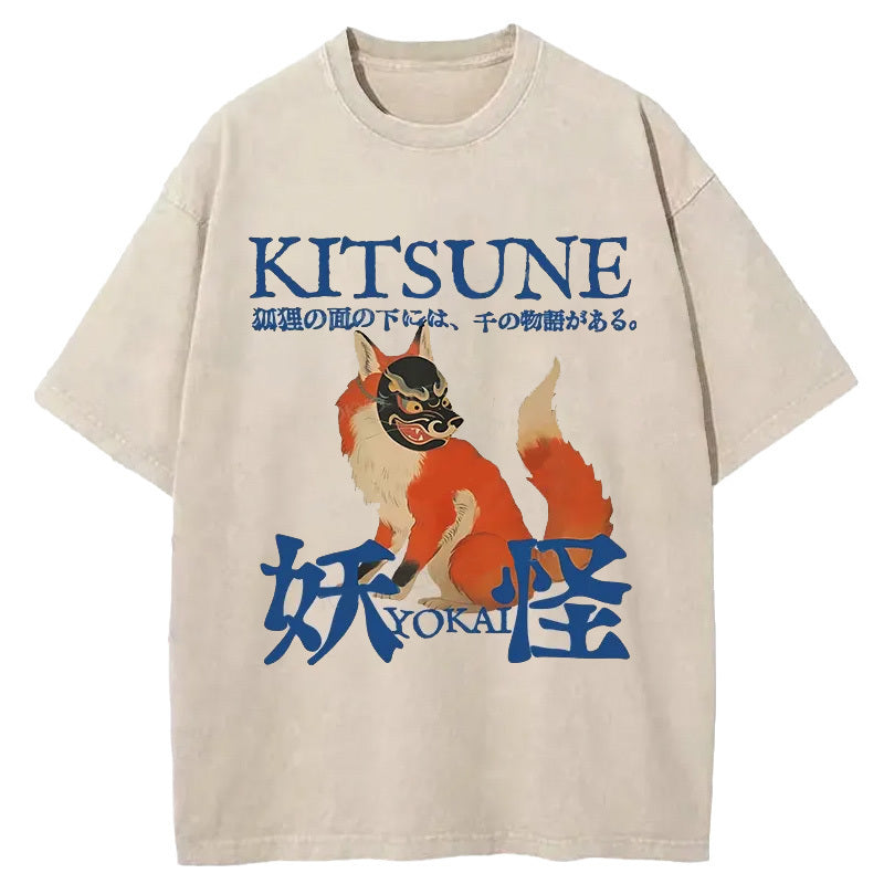 Japanese Fox Yokai Washed T-Shirt Soft Cotton Daily Wear Tee Gifts For Sister - Gypsysystersgift