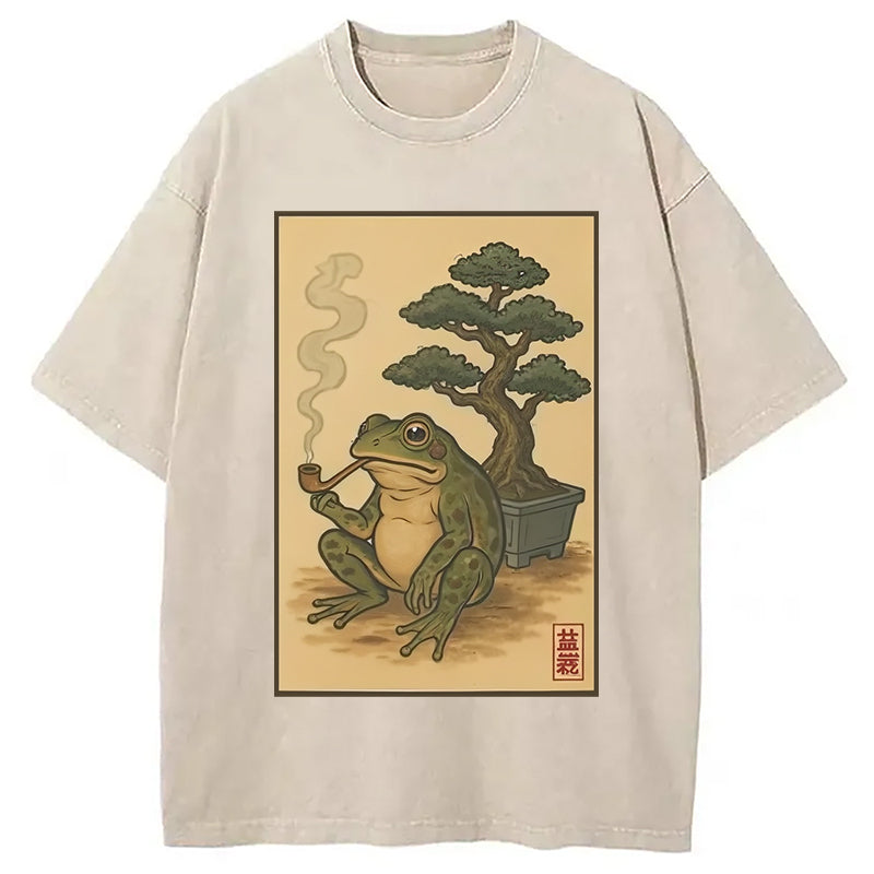 Japanese Frog & Bonsai Washed T-Shirt Casual Vintage Everyday Look Gifts For Her - Gypsysystersgift