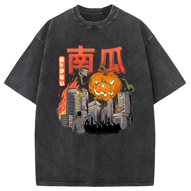 Japanese Halloween Pumpkin Washed T-Shirt Retro Streetwear Graphic Top Gifts For Him - Gypsysystersgift
