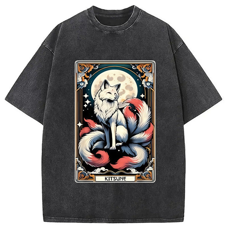 Japanese Kitsune Fox Nine Tailed Fox Tarot Washed T-Shirt Everyday Comfort Graphic Shirt Gifts For Him - Gypsysystersgift