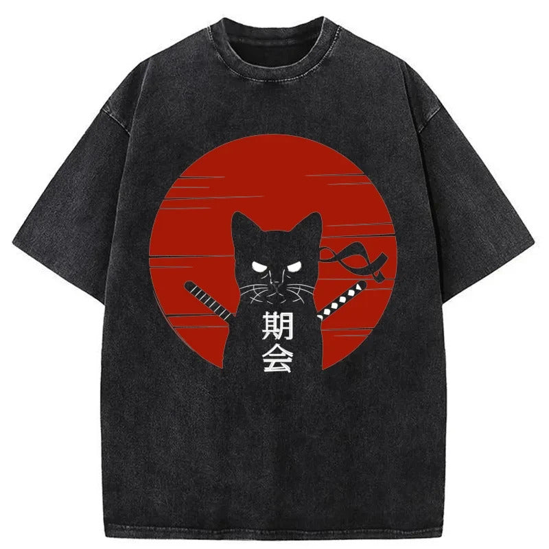 Japanese Ninja Cat Washed T-Shirt Unisex Streetwear Graphic Style Gifts For Him - Gypsysystersgift
