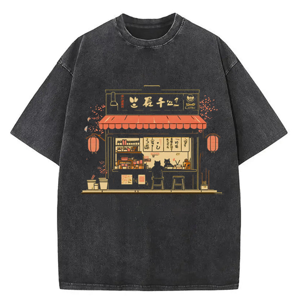 Japanese Noodle Shop Japanese Cat Cute Animal Washed T-Shirt Soft Comfortable Daily T Shirt Gifts For Her - Gypsysystersgift