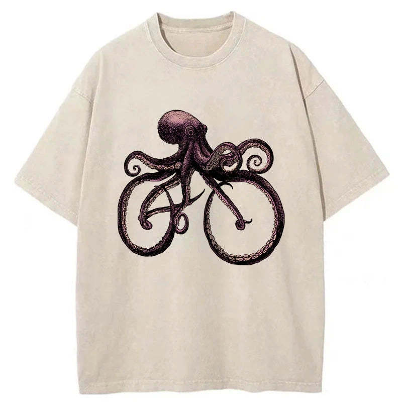 Japanese Octopus Bicycle Washed T-Shirt Funny Aesthetic Trendy Apparel Gifts For Best Friend - Gypsysystersgift