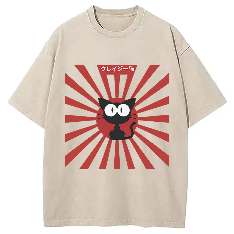 Japanese Rising Sun Cat Washed T-Shirt Funny Quote Unisex Shirt Gifts For Him - Gypsysystersgift