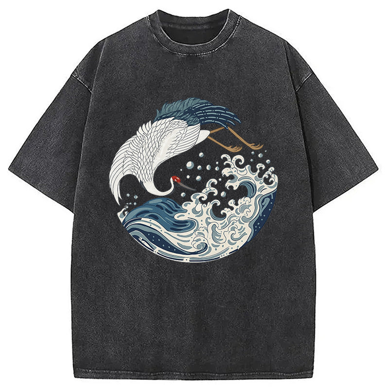 Japanese Sea Bird Washed T-Shirt Casual Oversized Outfit Style Gifts For Him - Gypsysystersgift