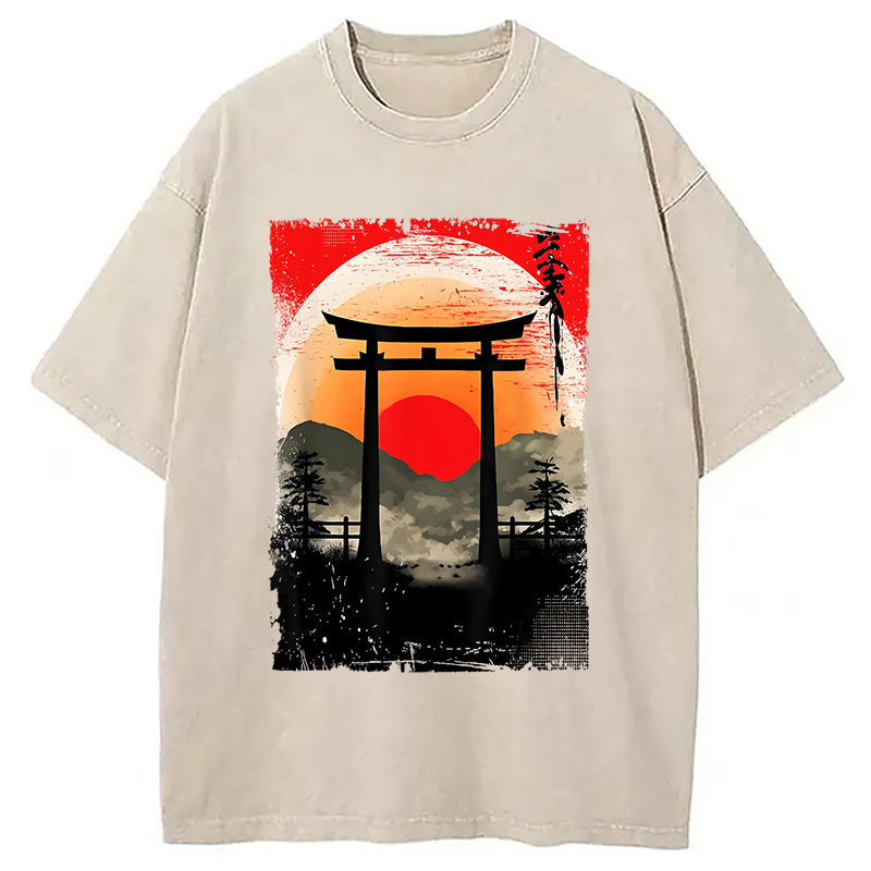 Japanese Sunset Landscape Art Washed T-Shirt Cool Graphic Tee For Men Women Gifts For Her - Gypsysystersgift