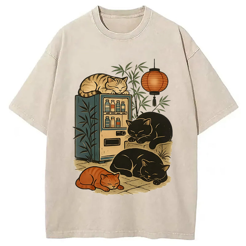 Japanese Vending Machine Cat Washed T-Shirt Unique Aesthetic Fashion Tee Gifts For Her - Gypsysystersgift