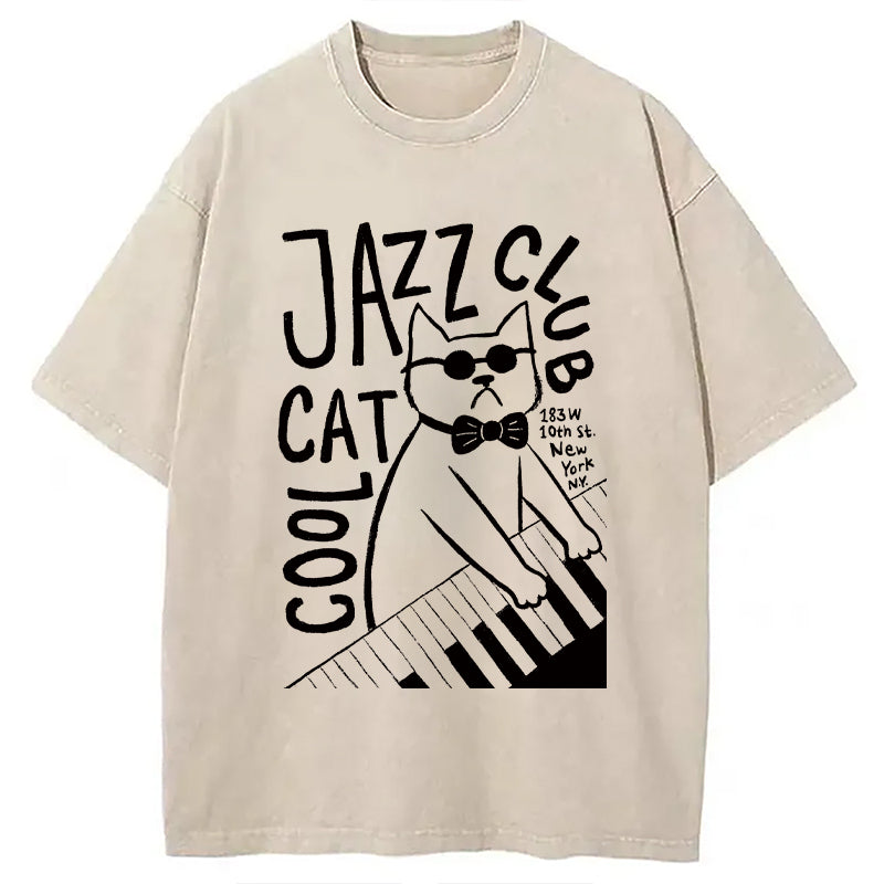 Jazz Cat Club Washed T-Shirt Trendy Everyday Casual Outfit Gifts For BFF - Gypsysystersgift