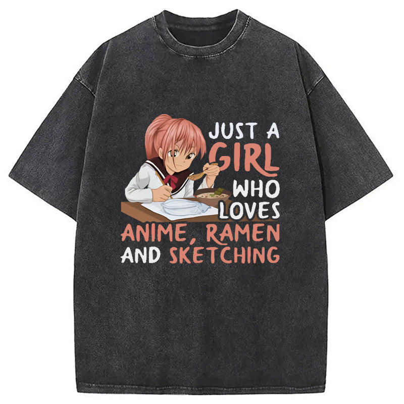 Just A Girl Who Loves Anime Ramen Washed T-Shirt Unique Aesthetic Fashion Tee Gifts For Him - Gypsysystersgift