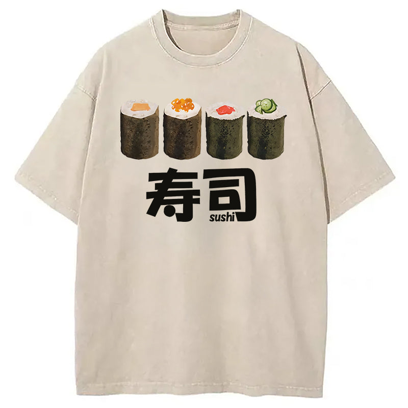 Kawaii Sushi Roll Washed T-Shirt Retro Humor Graphic Top Gifts For Friends - Gypsysystersgift