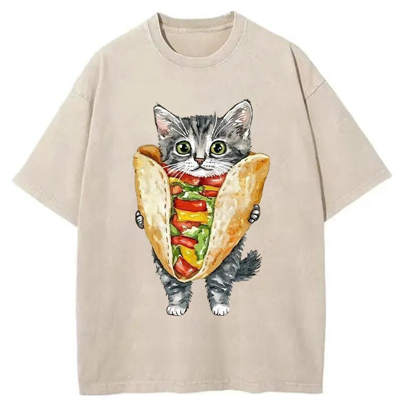 Kawaii Taco Cat Washed T-Shirt Soft Cotton Daily Wear Tee Gifts For Him - Gypsysystersgift