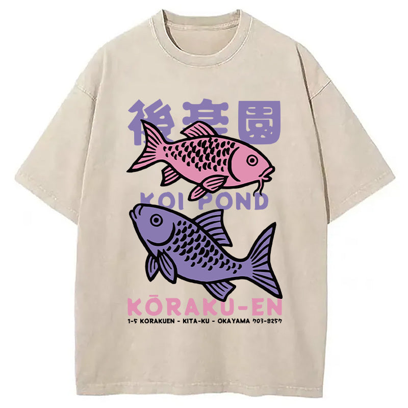 Koi Fish Pond Japanese Washed T-Shirt Trendy Aesthetic Graphic Apparel Gifts For Him - Gypsysystersgift