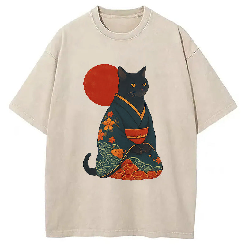 Koi Kimono Cat Japanese Art Washed T-Shirt Funny Aesthetic Trendy Apparel Gifts For Her - Gypsysystersgift
