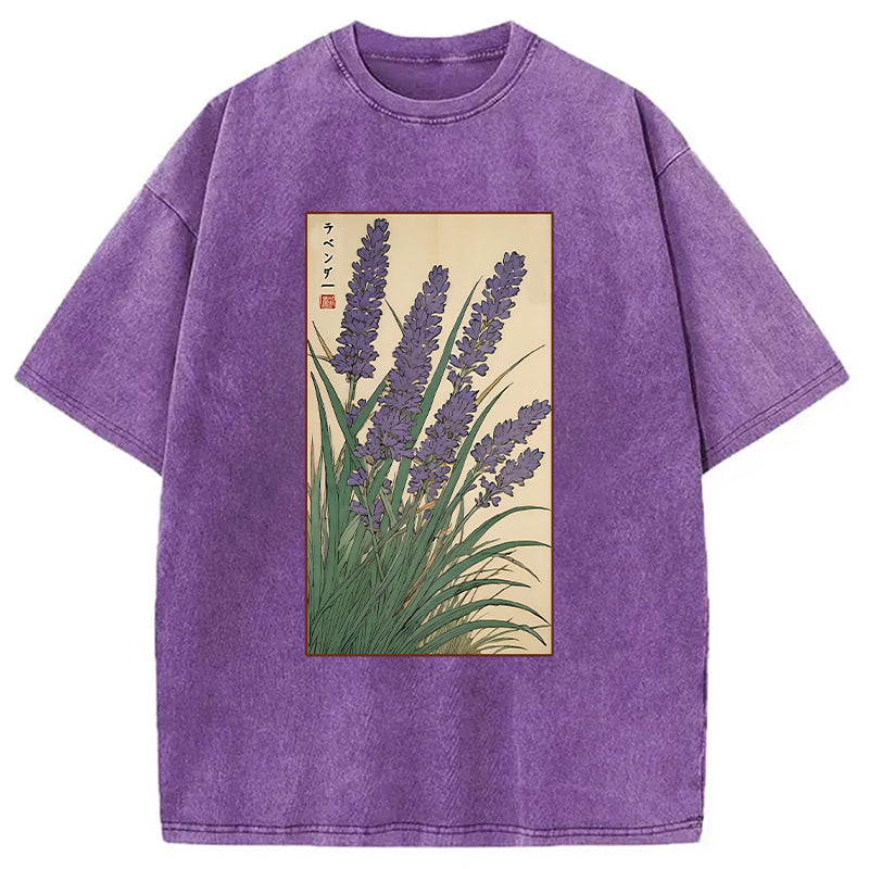 Lavender Ukiyo-e Japanese Washed T-Shirt Funny Graphic Gift For Friends Gifts For BFF - Gypsysystersgift