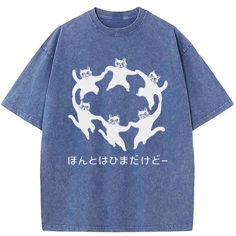 Leisure Cats Japanese Washed T-Shirt Funny Aesthetic Trendy Apparel Gifts For Sister - Gypsysystersgift
