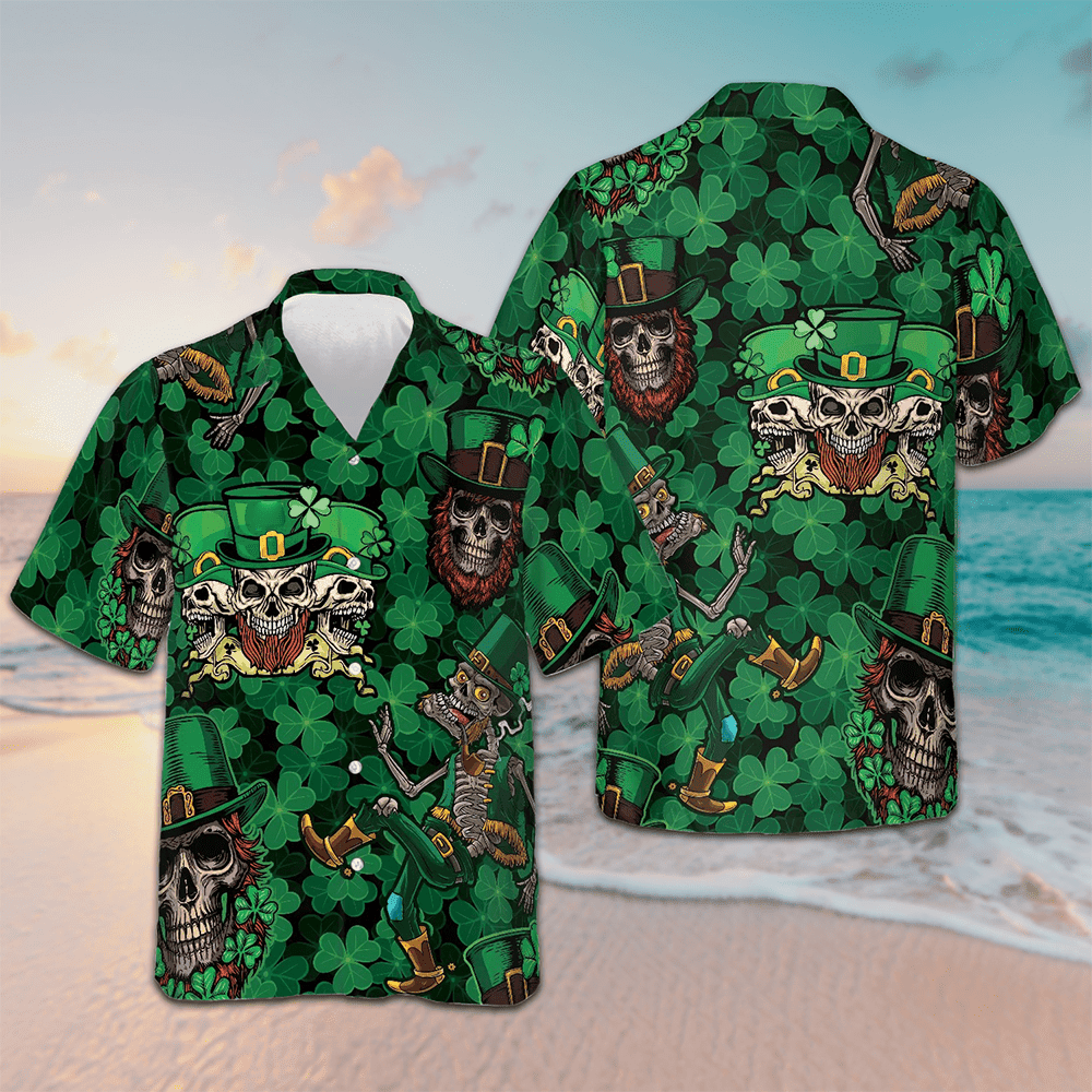 Leprechaun Skull Happy Saint Patrick's Day Hawaiian Shirt Button Down Shirt Gifts For Irish - Famerry