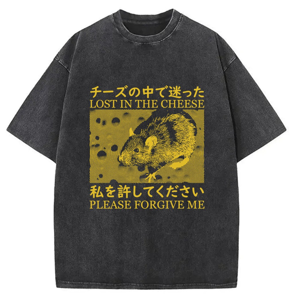 Lost in the Cheese Please Forgive Me Washed T-Shirt Retro Streetwear Graphic Top Gifts For Him - Gypsysystersgift
